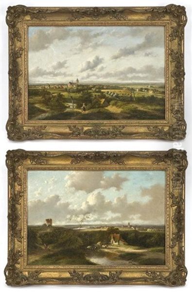 Landscape With Peasants (+ Another; Pair) Oil Painting by Jan Evert Morel the Younger