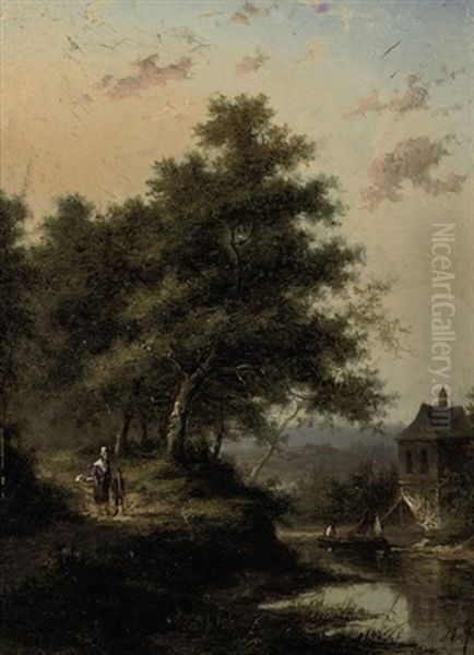 A Forest Landscape With A River And Figures Walking Down A Path Oil Painting by Jan Evert Morel the Younger