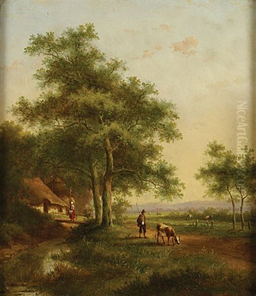 Landschap Met Koeien En Personages Oil Painting by Jan Evert Morel the Younger