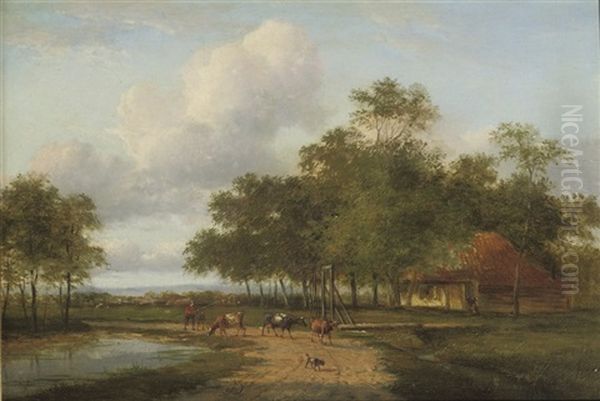 A Cowherd Watering His Cattle Oil Painting by Jan Evert Morel the Younger