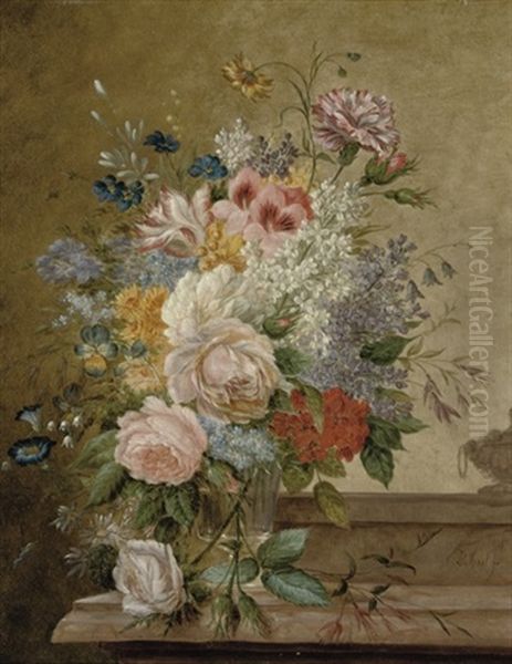 A Bouquet Of Flowers In A Glass Vase On A Ledge Oil Painting by Jan Evert Morel the Younger