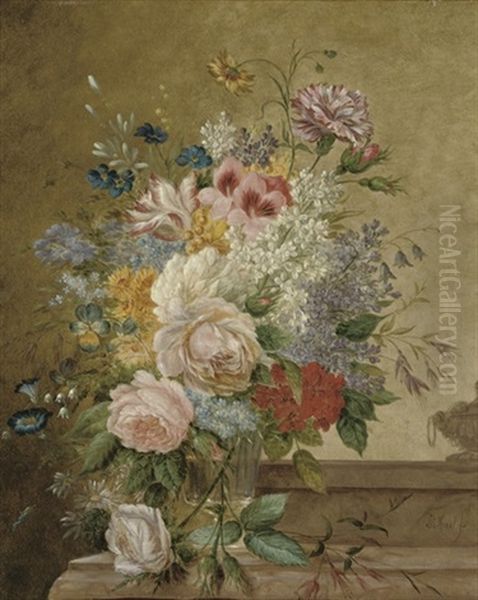 A Bouquet Of Flowers In A Glass Vase On A Ledge Oil Painting by Jan Evert Morel the Younger