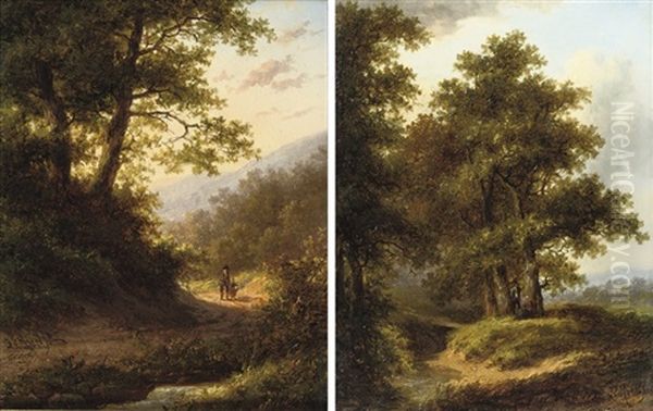 Walking In The Forest At Sunset (+ Resting Under A Tree; Pair) Oil Painting by Jan Evert Morel the Younger