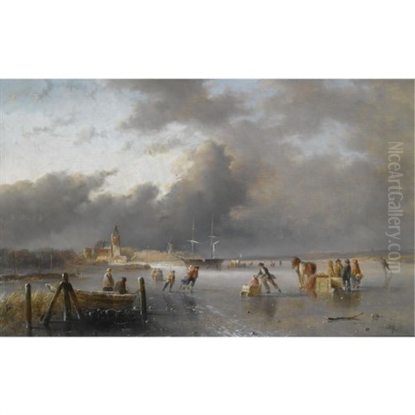 Skaters On A Frozen Waterway, A Koek En Zopie In The Distance Oil Painting by Jan Evert Morel the Younger