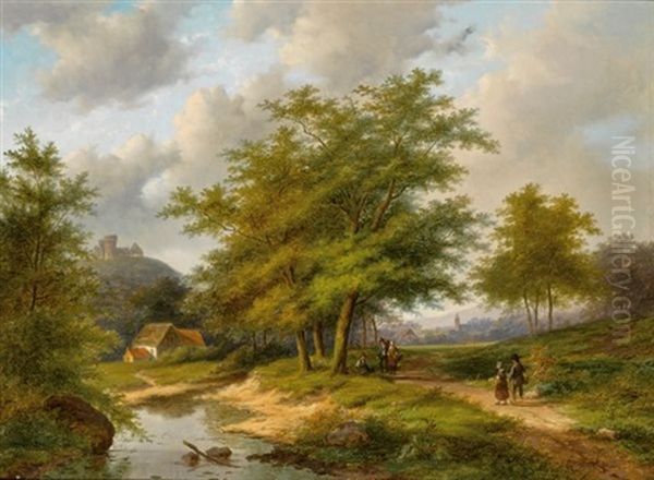 Travellers In A Sunlit Landscape Oil Painting by Jan Evert Morel the Younger