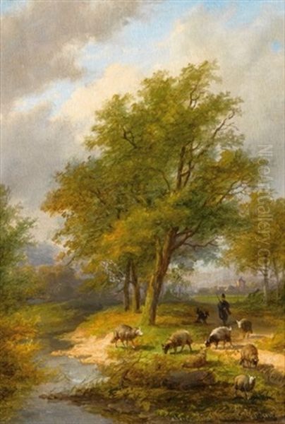 A Shepherd And His Flock In A Summer Landscape by Jan Evert Morel the Younger