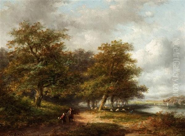 Travellers In A River Landscape Oil Painting by Jan Evert Morel the Younger