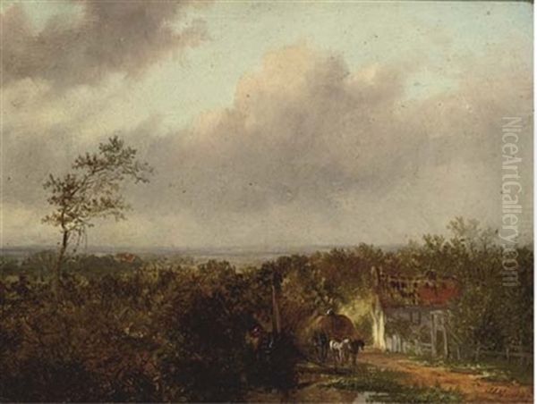 A Haywagon On A Path Oil Painting by Jan Evert Morel the Younger