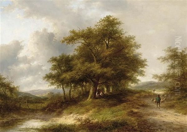 A Wooded Landscape With A Shepherd And His Flock Oil Painting by Jan Evert Morel the Younger