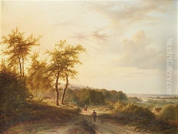 Figures Walking On A Country Lane Oil Painting by Jan Evert Morel the Younger