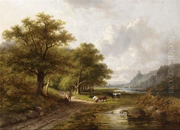 Peasants With Their Cattle In A Wooded River Landscape Oil Painting by Jan Evert Morel the Younger