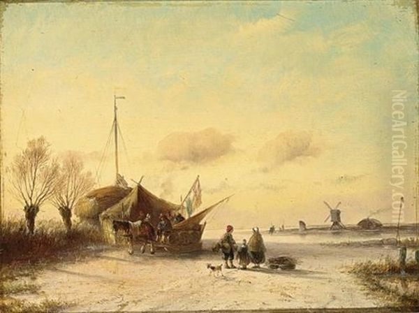 Figures Near A Koek En Zopie On A Frozen Waterway Oil Painting by Jan Evert Morel the Younger