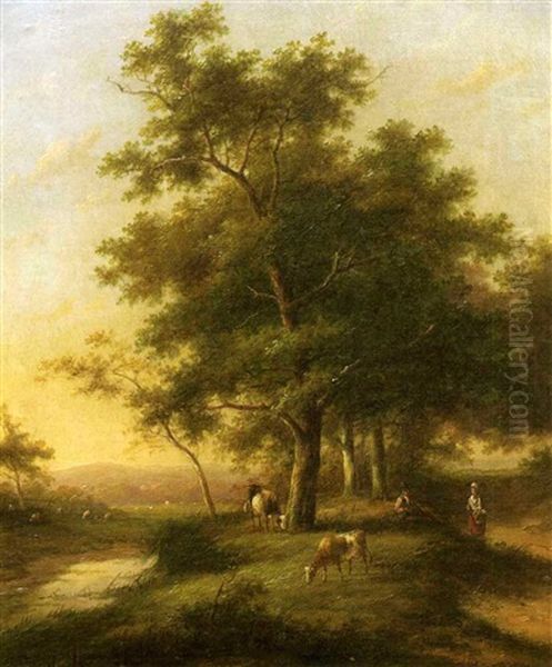 Summer Landscape With Peasants And Cattle Grazing Oil Painting by Jan Evert Morel the Younger