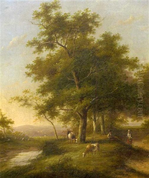 Summer Landscape With Peasants And Cattle Grazing Oil Painting by Jan Evert Morel the Younger