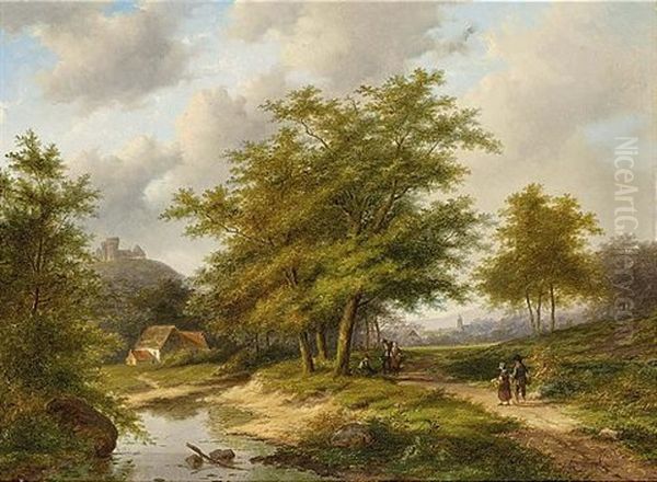 Travellers In A Wooded Summer Landscape, A Village In The Distance Oil Painting by Jan Evert Morel the Younger