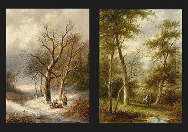 Wood Gatherers In A Snowy Landscape (+ Travellers In A Wooded Summer Landscape; Pair) Oil Painting by Jan Evert Morel the Younger