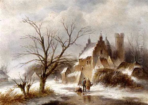 A Winter Landscape With Figures On A Frozen Waterway Oil Painting by Jan Evert Morel the Younger