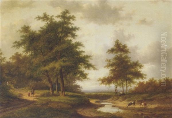 Figures Resting By A Ford, A Town In A Valley Beyond Oil Painting by Jan Evert Morel the Younger