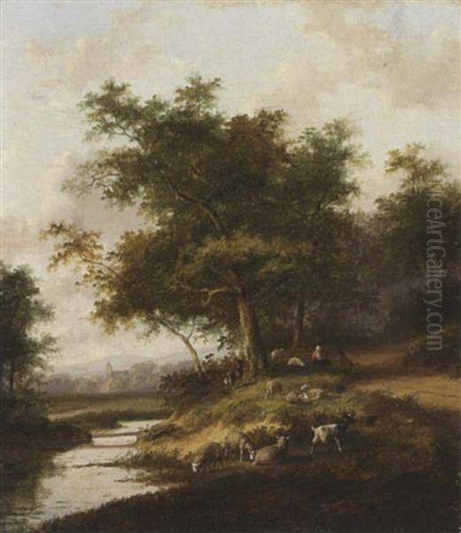 A Shepherdess And Her Flock At Rest Oil Painting by Jan Evert Morel the Younger