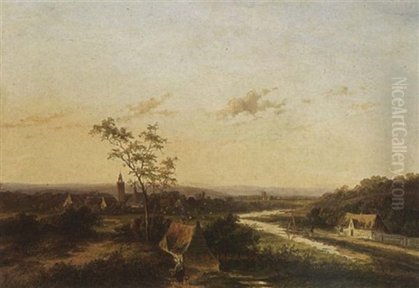 An Extensive Summer Landscape With A Town In The Background Oil Painting by Jan Evert Morel the Younger