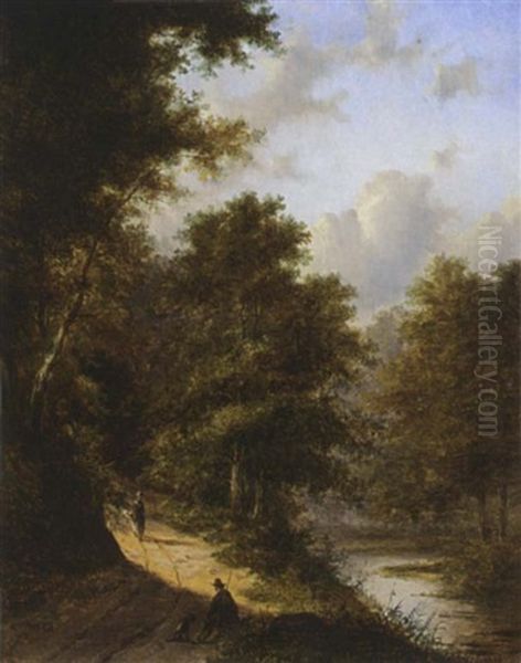 A Hunter And His Dog Resting In A Wooded Landscape Oil Painting by Jan Evert Morel the Younger