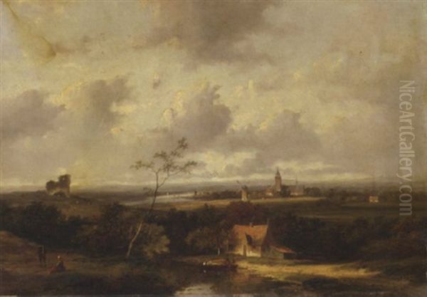 A Panoramic River Landscape With A Town In The Distance Oil Painting by Jan Evert Morel the Younger