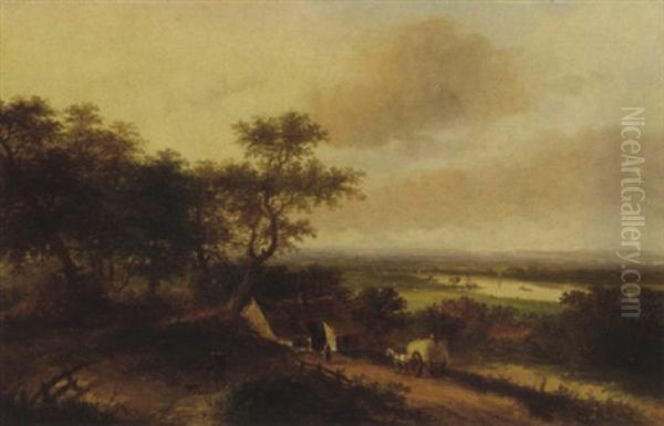 A Haycart By A Farm In A Panoramic River Landscape Oil Painting by Jan Evert Morel the Younger