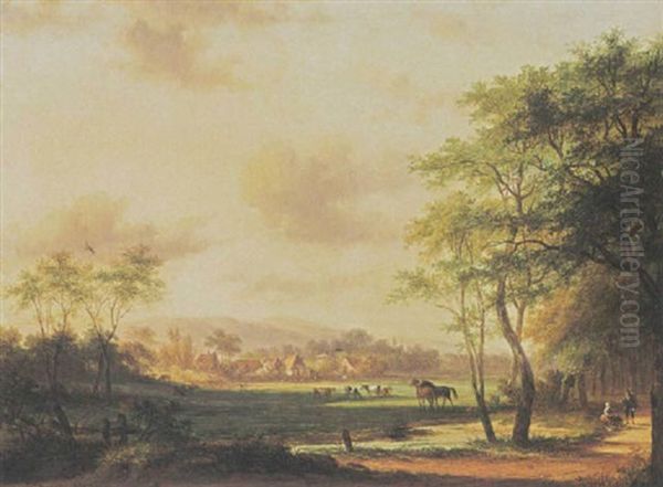 Travellers In A Wooded Summer Landscape Oil Painting by Jan Evert Morel the Younger