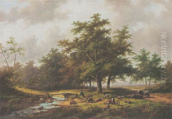 A Shepherd With His Flock In A Wooded Landscape Oil Painting by Jan Evert Morel the Younger