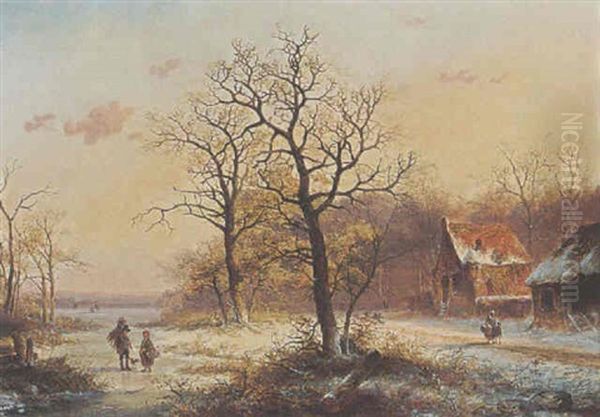 Conversing Figures On A Frozen Ditch Oil Painting by Jan Evert Morel the Younger