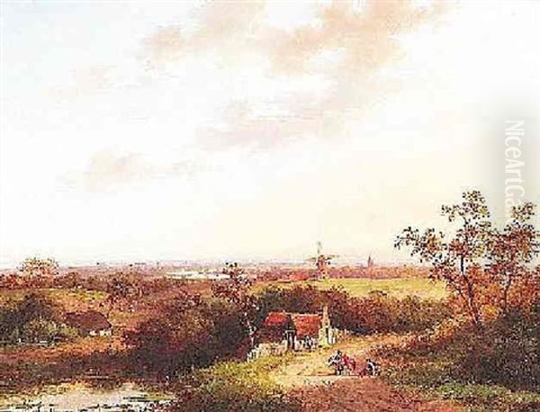 Weite Hollandische Fluslandschaft Mit Windmuhle Und Bauern Vor Einem Gehoft Oil Painting by Jan Evert Morel the Younger