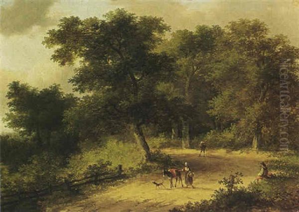 Travellers In A Wooded Summer Landscape Oil Painting by Jan Evert Morel the Younger