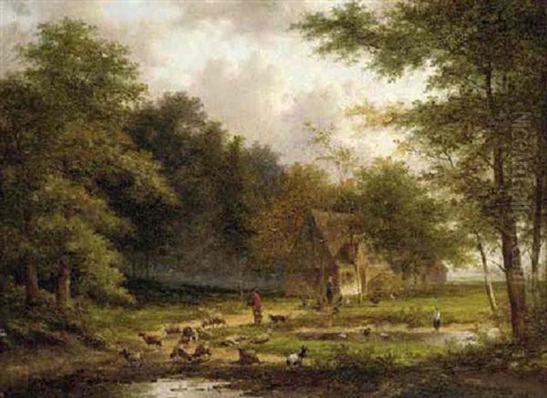 A Shepherd With His Flock In A Woody Glade Oil Painting by Jan Evert Morel the Younger