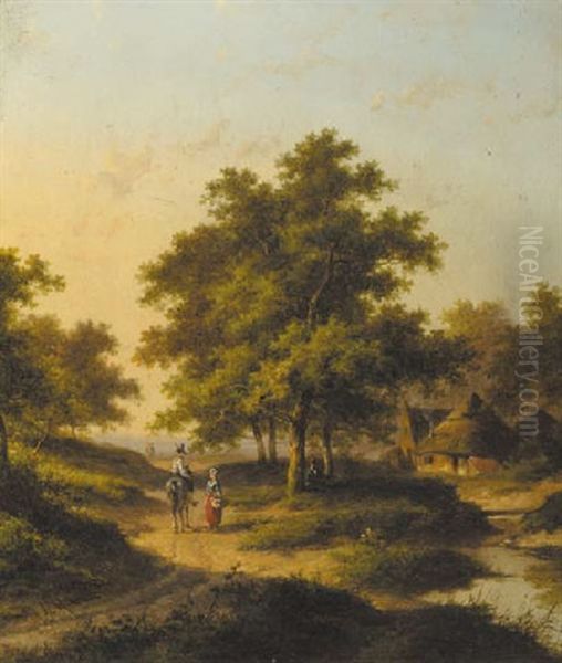 Travellers Conversing In A Wooded Landscape Oil Painting by Jan Evert Morel the Younger