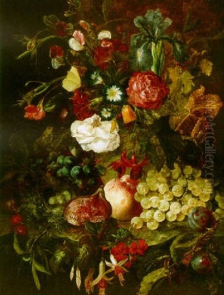 A Still Life Of Flowers, Grapes, Peaches, Viges, Prunes, Cherries And A Bird's Nest All On A Marble Ledge Oil Painting by Jan Evert Morel the Younger