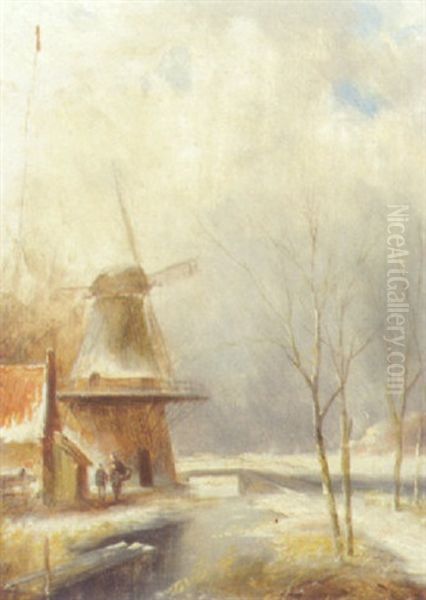 A Winter Landscape With Peasants Conversing By A Windmill Oil Painting by Jan Evert Morel the Younger