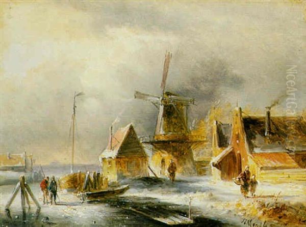 Figures By A Mill In A Winter Landscape Oil Painting by Jan Evert Morel the Younger