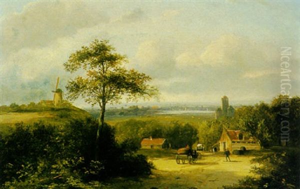 Peasants On Horse-drawn Carts In A Summer Landscape Oil Painting by Jan Evert Morel the Younger