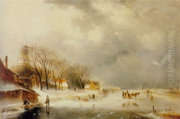 Winter Landscape With Figures And A Horse-drawn Sleigh On A Frozen River Oil Painting by Jan Evert Morel the Younger