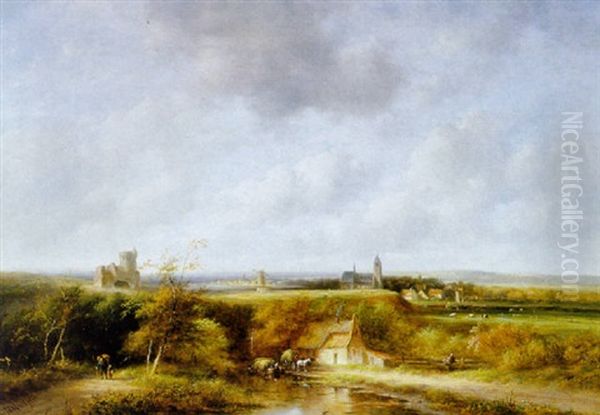 A Summer Landscape With Peasants By A Farm, A Village In The Distance by Jan Evert Morel the Younger