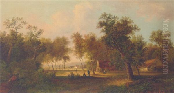 Farms In A Wooded Landscape With Peasants Resting In The Shade Oil Painting by Jan Evert Morel the Younger