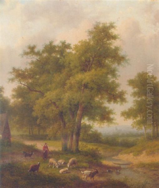 A Shepherd And His Flock In A Wooded Landscape Oil Painting by Jan Evert Morel the Younger