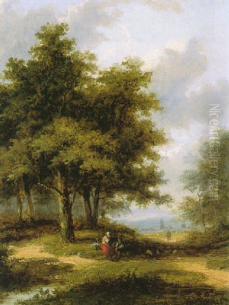 Figures Resting In A Wooded Landscape Oil Painting by Jan Evert Morel the Younger