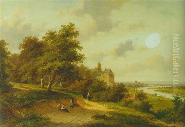 A Panoramic View Of A River Valley With Travellers Resting On A Wooden Path In The Foreground Oil Painting by Jan Evert Morel the Younger