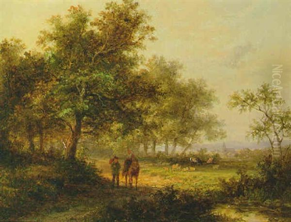 Travellers With A Donkey In A Wooded River Landscape Oil Painting by Jan Evert Morel the Younger