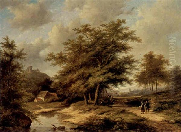 Figures In A Wooded Landscape Oil Painting by Jan Evert Morel the Younger