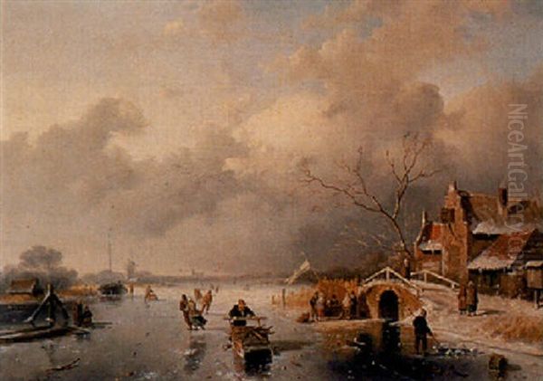 A Winter Landscape With Skaters And A Koek En Zopie Oil Painting by Jan Evert Morel the Younger