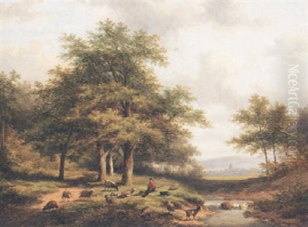 A Sheperd With Sheep And Goats Resting In A River Landscape Oil Painting by Jan Evert Morel the Younger