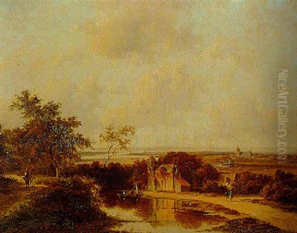 A Panoramic River Landscape With A Moored Sailing Boat By A Fortified Mansion Oil Painting by Jan Evert Morel the Younger