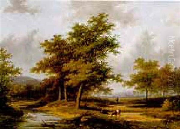 Cattle Herder Beside A Stream In An Extensive Wooded Landscape Oil Painting by Jan Evert Morel the Younger